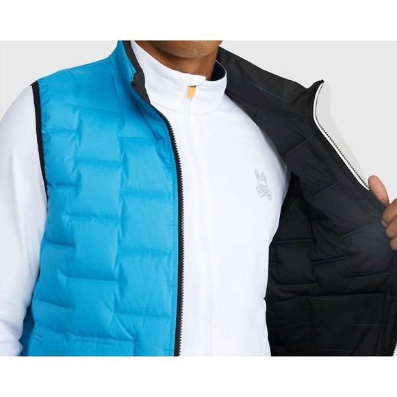 NEW PSYCHO BUNNY men's spencer reversible down vest in neon pool - Picture 2 of 5
